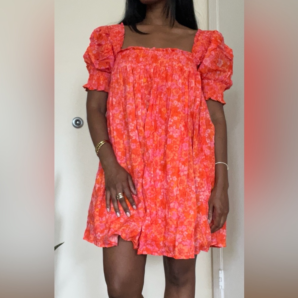 Lovers + Friends Orange and Pink Smocked Puff Sleeve Mini Dress